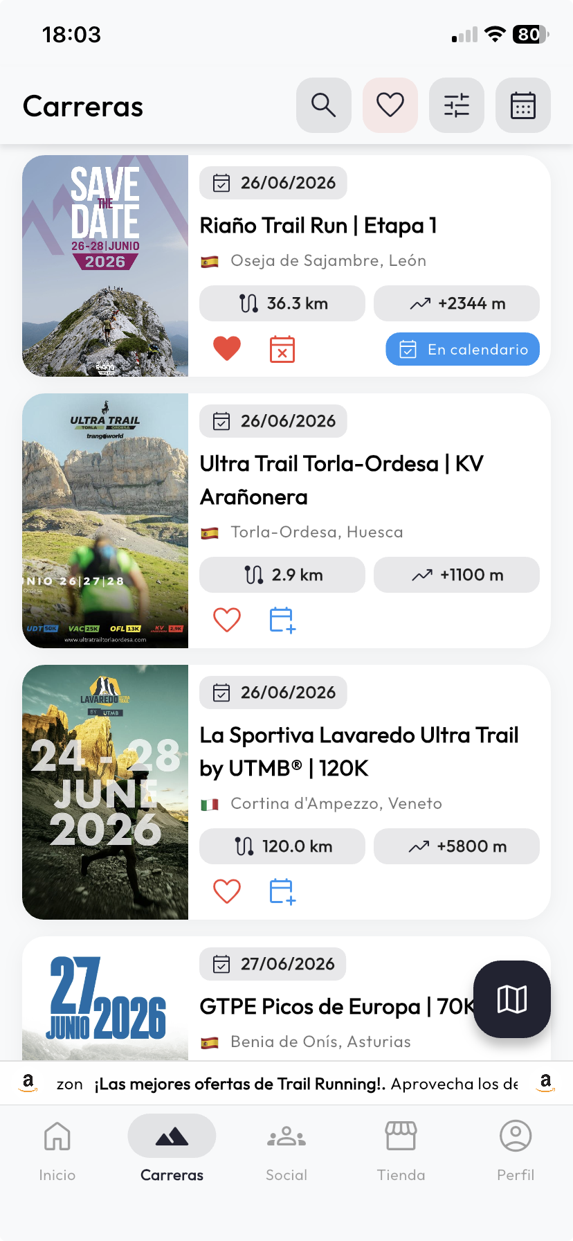 Social Trail — Pantalla de agenda de carreras